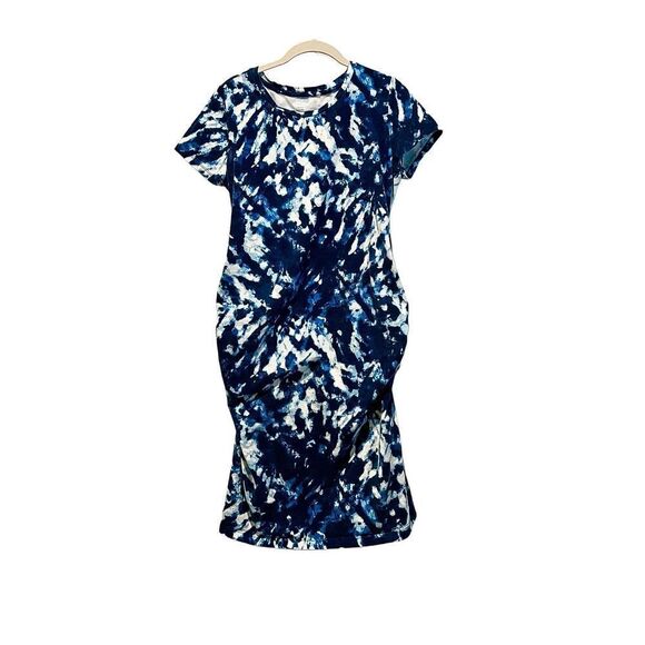 Old Navy Maternity Fitted Ruched Blue Tie-Dye Jersey Knit Dress LARGE Casual - Picture 6 of 9